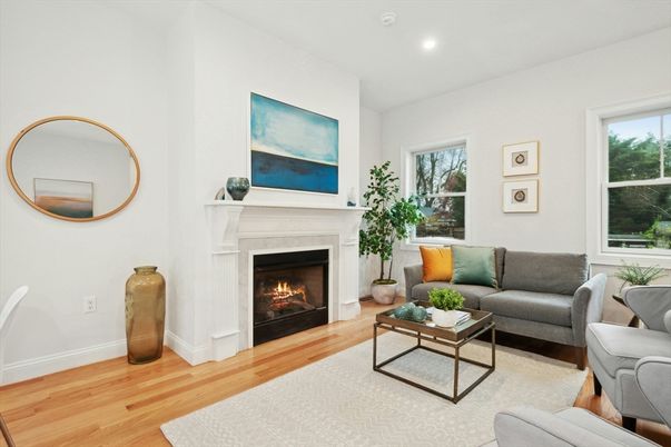 Fireplace, Interior, Living room, Recessed Lighting, Wood Texture Flooring