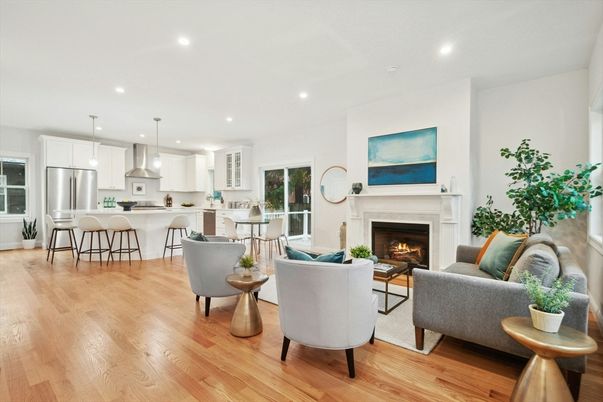 Dining room, Fireplace, Interior, Kitchen, Living room, Pendant Lights, Recessed Lighting, Stainless Steel Appliances, Wood Texture Flooring