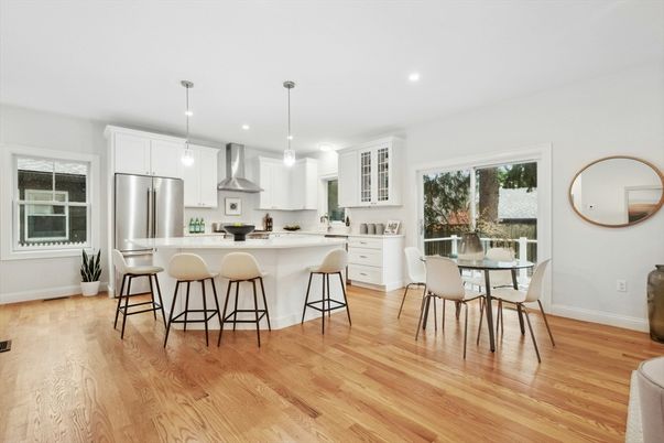 Dining room, Interior, Kitchen, Pendant Lights, Recessed Lighting, Stainless Steel Appliances, Wood Texture Flooring