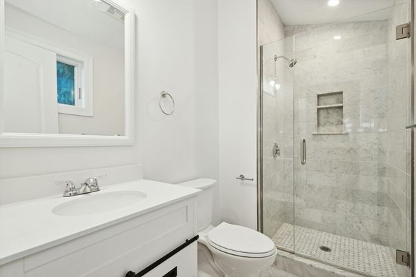 Bathroom, Glass Shower, Interior, Marble Walls, Recessed Lighting