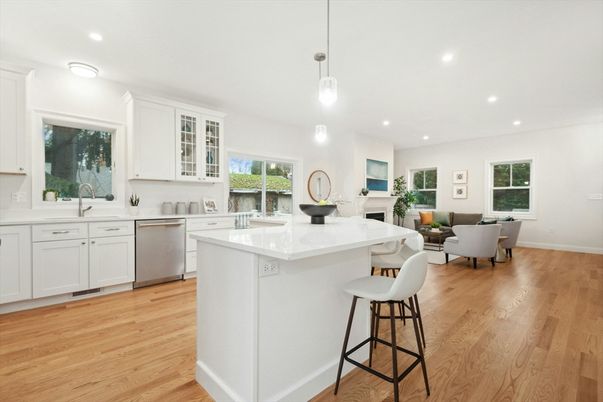 Dining room, Interior, Kitchen, Living room, Pendant Lights, Recessed Lighting, Stainless Steel Appliances, Wood Texture Flooring