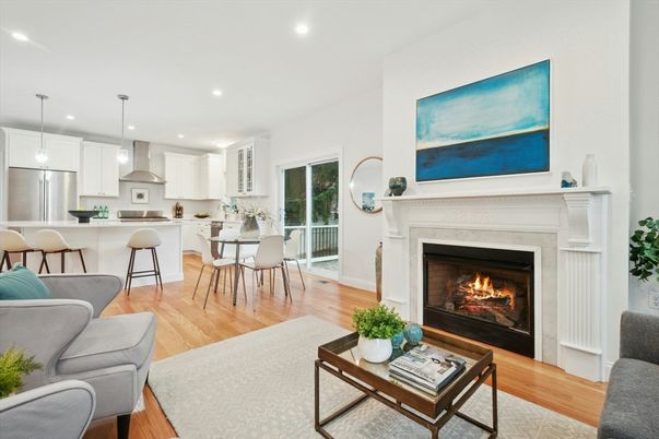 Dining room, Fireplace, Interior, Kitchen, Living room, Pendant Lights, Recessed Lighting, Stainless Steel Appliances, Wood Texture Flooring