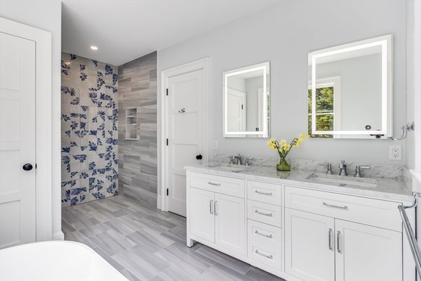 Bathroom, Dual Sink Vanities, Free Standing Baths, Interior, Recessed Lighting, Wood Texture Flooring