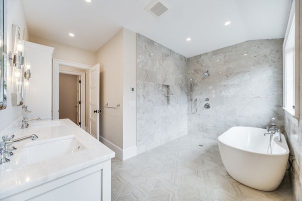 Bathroom, Dual Sink Vanities, Free Standing Baths, Interior, Marble Walls, Recessed Lighting