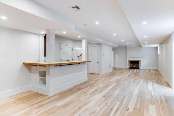 Empty room, Fireplace, Interior, Recessed Lighting, Wood Texture Flooring