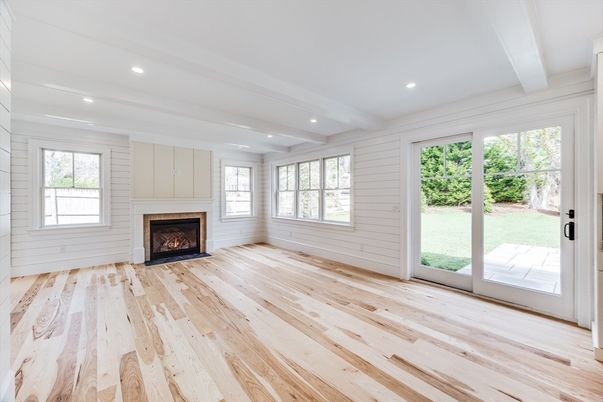 Empty room, Fireplace, Interior, Recessed Lighting, Wood Texture Flooring