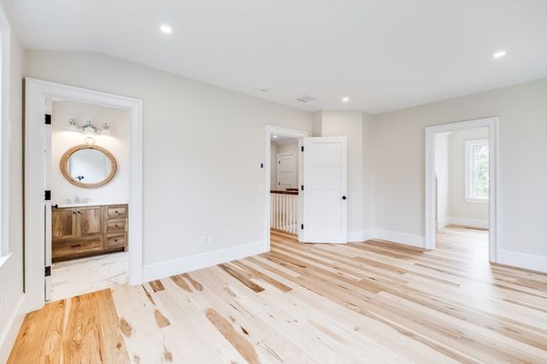 Bathroom, Empty room, Interior, Marble, Recessed Lighting, Wood Texture Flooring