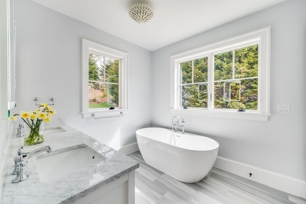 Bathroom, Dual Sink Vanities, Free Standing Baths, Interior, Wood Texture Flooring