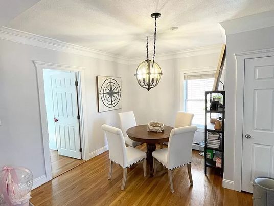 Dining room, Interior, Pendant Lights, Wood Texture Flooring