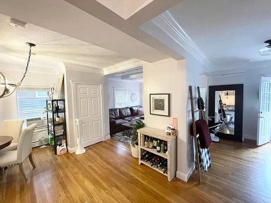 Dining room, Interior, Living room, Pendant Lights, Wood Texture Flooring