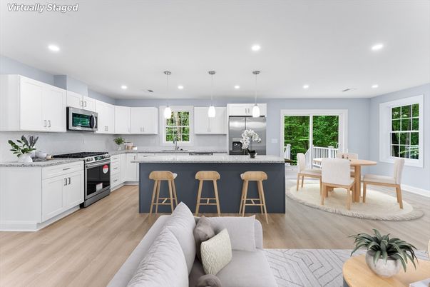 Dining room, Interior, Kitchen, Pendant Lights, Recessed Lighting, Stainless Steel Appliances, Wood Texture Flooring