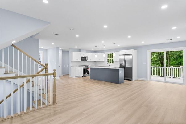 Interior, Kitchen, Pendant Lights, Recessed Lighting, Stainless Steel Appliances, Wood Texture Flooring