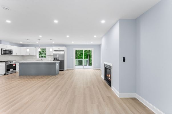Fireplace, Interior, Kitchen, Pendant Lights, Recessed Lighting, Stainless Steel Appliances, Wood Texture Flooring