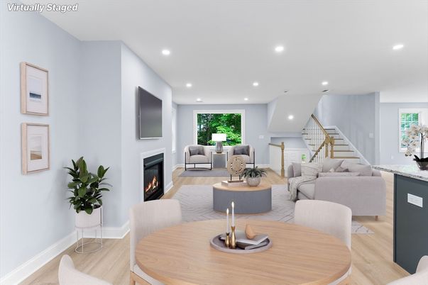 Dining room, Fireplace, Interior, Living room, Recessed Lighting, Wood Texture Flooring
