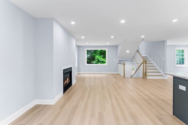 Empty room, Fireplace, Interior, Recessed Lighting, Wood Texture Flooring