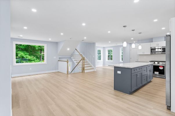Interior, Kitchen, Pendant Lights, Recessed Lighting, Stainless Steel Appliances, Wood Texture Flooring