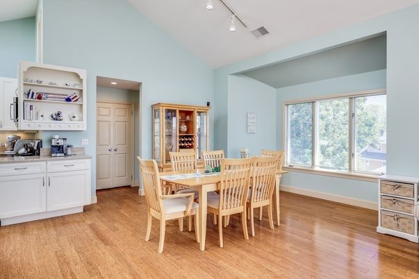 Dining room, Interior, Recessed Lighting, Wood Texture Flooring