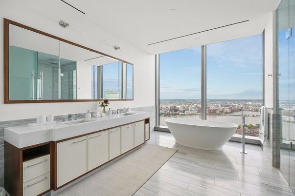 Bathroom, Dual Sink Vanities, Free Standing Baths, Interior, Recessed Lighting, Wood Texture Flooring
