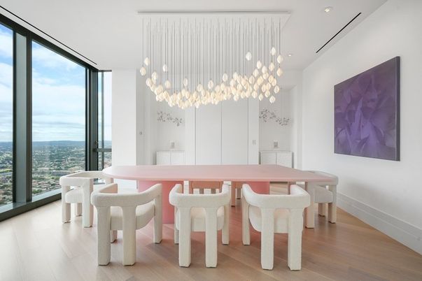 Dining room, Interior, Pendant Lights, Recessed Lighting, Wood Texture Flooring