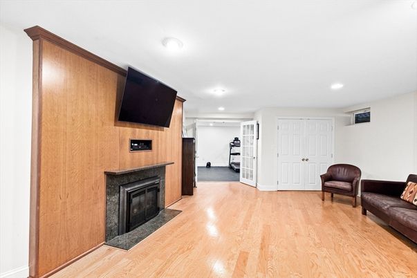 Fireplace, Interior, Recessed Lighting, Wood Texture Flooring