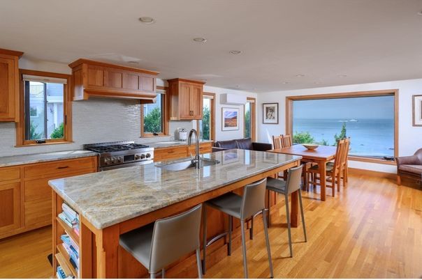 Dining room, Interior, Kitchen, Recessed Lighting, Stainless Steel Appliances, Water, Wood Texture Flooring