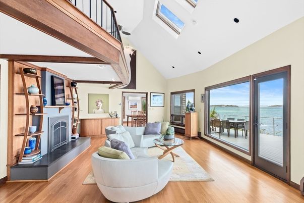 Fireplace, Interior, Living room, Recessed Lighting, Water, Wood Texture Flooring