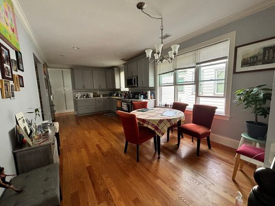 Chandelier, Dining room, Interior, Kitchen, Recessed Lighting, Stainless Steel Appliances, Wood Texture Flooring