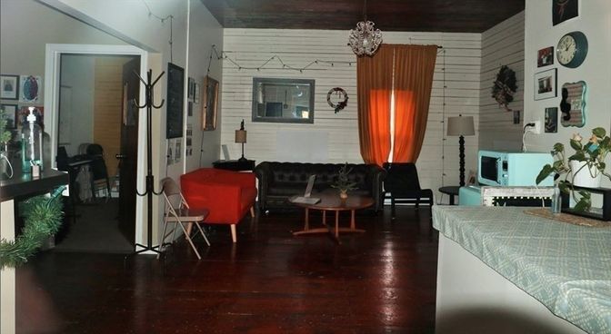 Fireplace, Interior, Living room, Pendant Lights, Stone Walls, Wooden Ceilings, Wood Texture Flooring