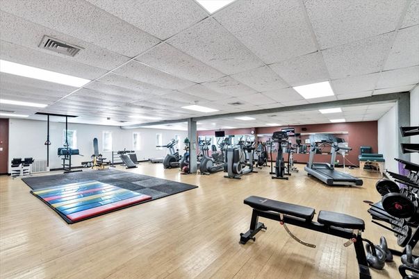 Fitness Equipment, Gym, Interior, Recessed Lighting, Wood Texture Flooring