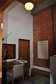 Home Office, Interior, Pendant Lights, Stone Walls, Wood Texture Flooring