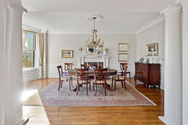 Chandelier, Dining room, Fireplace, Interior, Wood Texture Flooring