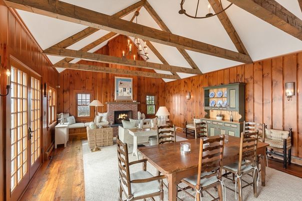 Chandelier, Dining room, Fireplace, Interior, Living room, Wooden Beams, Wood Texture Flooring, Wooden Walls