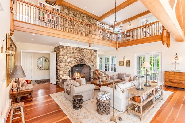 Fireplace, Interior, Living room, Pendant Lights, Recessed Lighting, Stone Walls, Wooden Beams, Wood Texture Flooring