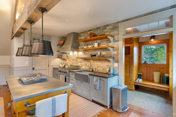 Interior, Kitchen, Pendant Lights, Recessed Lighting, Stainless Steel Appliances, Stone Walls, Wood Texture Flooring