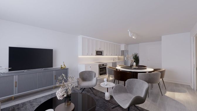 Dining room, Interior, Kitchen, Living room, Stainless Steel Appliances, Wood Texture Flooring