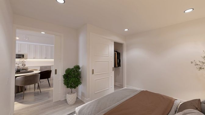 Bedroom, Home Office, Interior, Recessed Lighting, Wood Texture Flooring