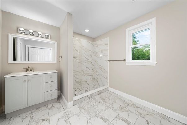 Bathroom, Glass Shower, Interior, Marble, Marble Walls, Recessed Lighting