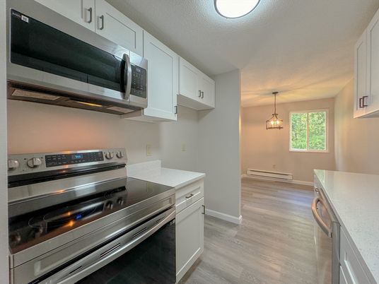 Interior, Kitchen, Pendant Lights, Stainless Steel Appliances, Wood Texture Flooring