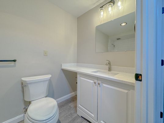 Bathroom, Interior, Recessed Lighting, Wood Texture Flooring