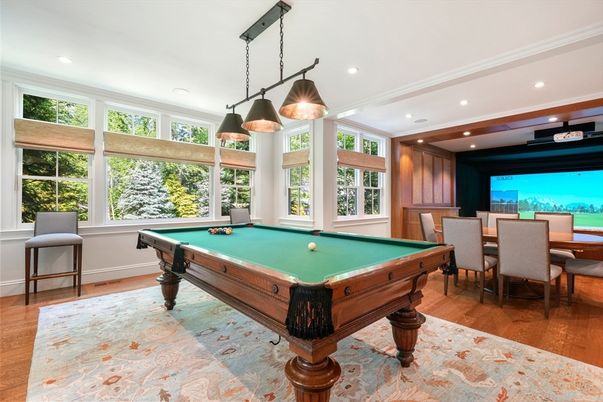 Billiard Table, Dining room, Game Room, Interior, Pendant Lights, Recessed Lighting, Wood Texture Flooring