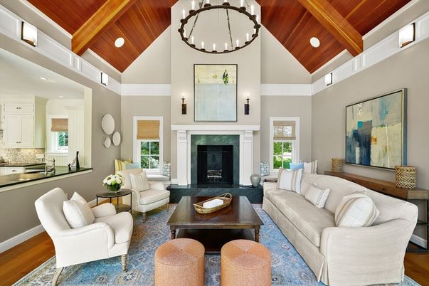 Fireplace, Interior, Living room, Pendant Lights, Recessed Lighting, Wooden Beams, Wooden Ceilings, Wood Texture Flooring