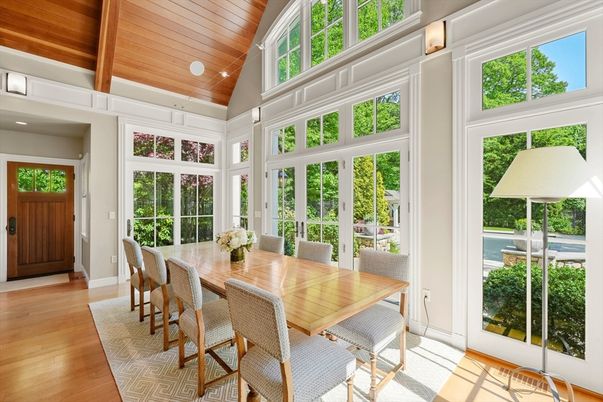 Dining room, Interior, Recessed Lighting, Sun Room, Wooden Beams, Wooden Ceilings, Wood Texture Flooring