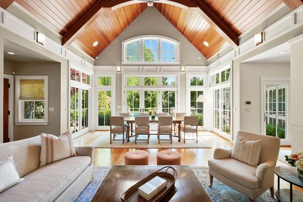 Dining room, Interior, Living room, Recessed Lighting, Wooden Beams, Wooden Ceilings, Wood Texture Flooring