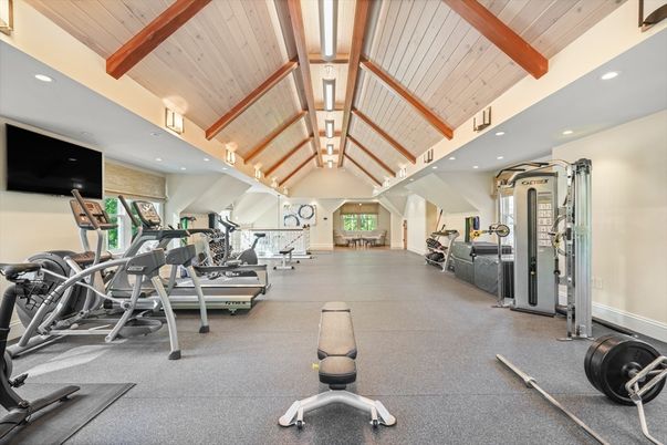 Fitness Equipment, Gym, Interior, Recessed Lighting, Wooden Beams