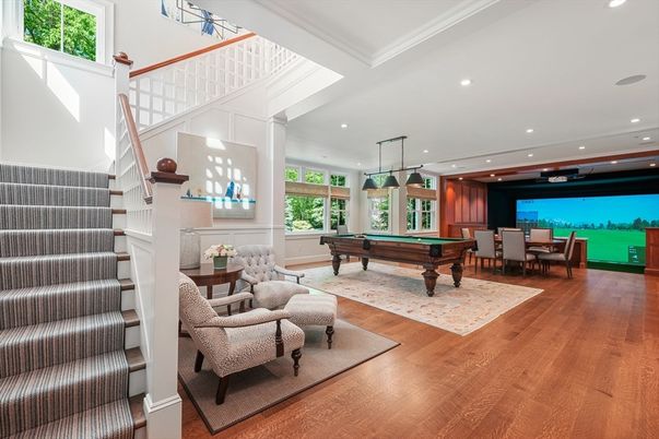 Billiard Table, Dining room, Game Room, Interior, Pendant Lights, Recessed Lighting, Wood Texture Flooring