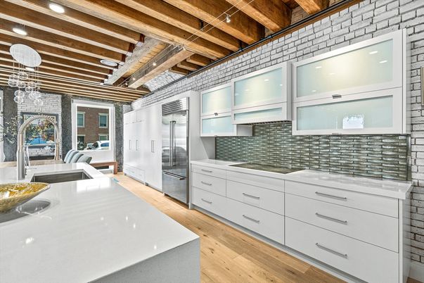 Interior, Kitchen, Pendant Lights, Recessed Lighting, Stainless Steel Appliances, Wooden Beams, Wooden Ceilings, Wood Texture Flooring
