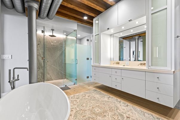 Bathroom, Dual Sink Vanities, Free Standing Baths, Glass Shower, Interior, Recessed Lighting, Wooden Beams, Wooden Ceilings, Wood Texture Flooring