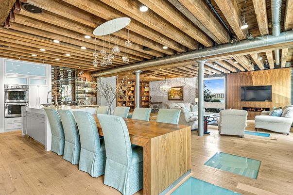 Dining room, Interior, Kitchen, Living room, Pendant Lights, Recessed Lighting, Stainless Steel Appliances, Wooden Beams, Wooden Ceilings, Wood Texture Flooring