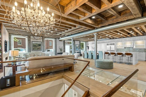 Chandelier, Interior, Living room, Recessed Lighting, Wooden Beams, Wooden Ceilings, Wood Texture Flooring