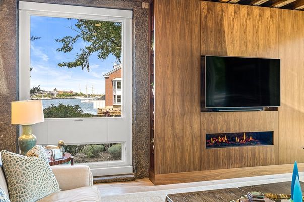 Fireplace, Interior, Water, Wood Texture Flooring, Wooden Walls